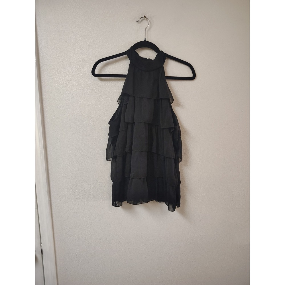 Spense Black Tiered Ruffle Halter Top Sleeveless Chiffon Blouse Womens Large